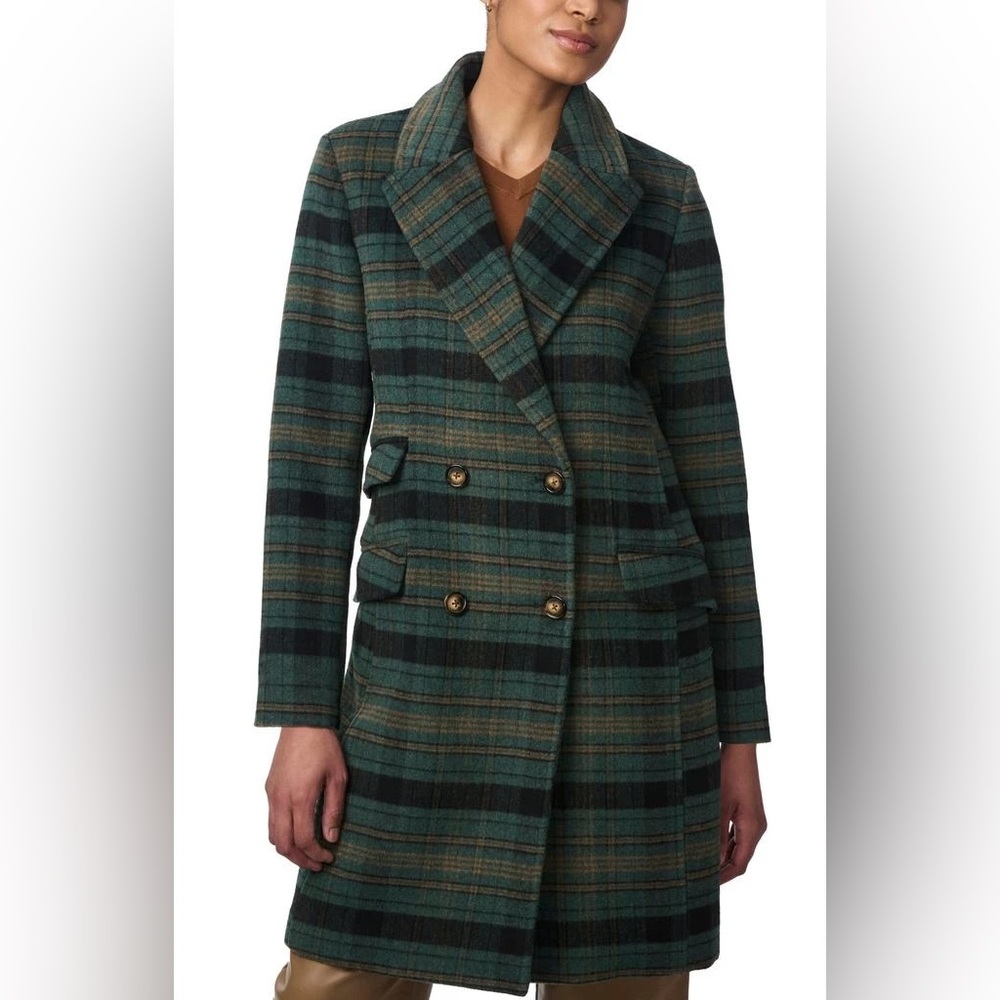 Bernardo Plaid Double Breasted Coat in Green Plain NWT medium
